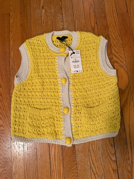 Zara Sweaters - Zara Yellow Crochet Knit Sleeveless Vest with Cream Trim